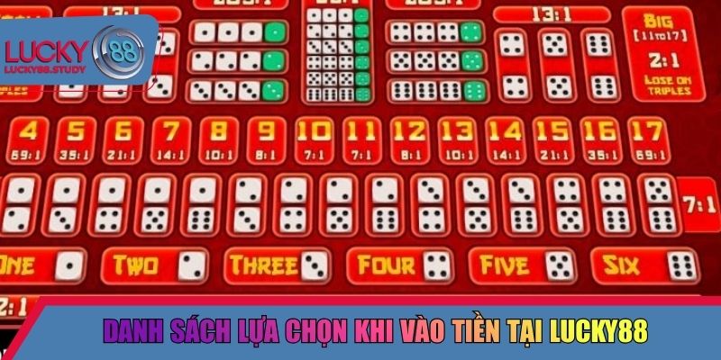 Danh sách lựa chọn khi vào tiền tại Lucky88